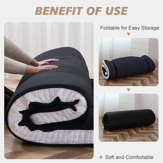 Queen Size Futon Mattress - Extra Thick Foldable Japanese Floor Mattress - Memory Foam Sleeping Pad for Adults - Tatami Mat Suitable for Camping & Guest -Black