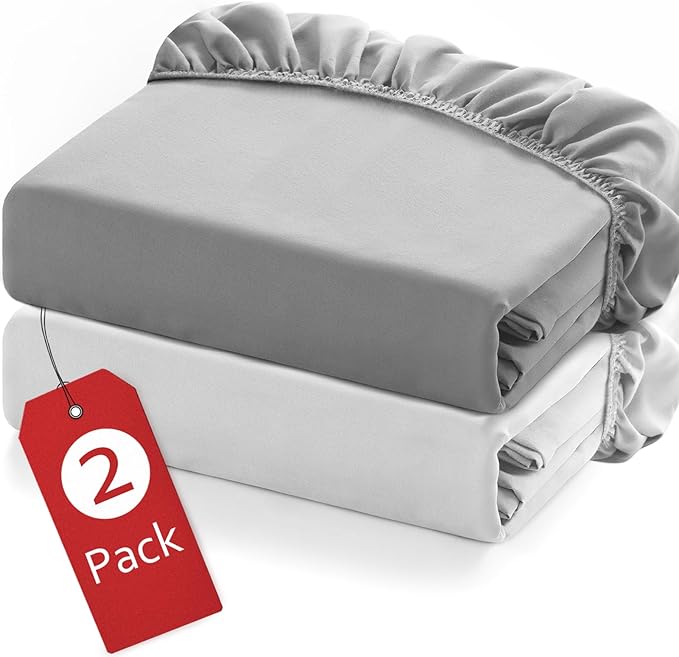 Twin Fitted Sheets 2 Pack Only, Mattress Up to 14 Inches Deep Pocket, Ultra Soft and Breathable Twin Bed Sheets, Long Lasting Single Fitted Sheets, Grey and White