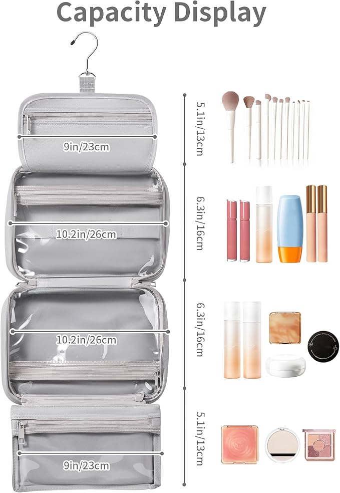 Toiletry Bag for Women & Men, Portable Hanging Makeup Bag/Cosmetic Bag with Compartments, Compact Travel Toiletry Bag Organizers (Grey)