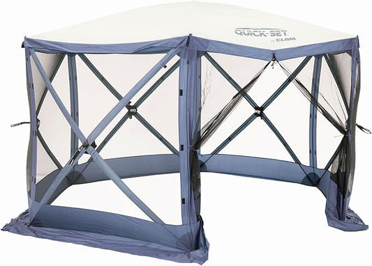 CLAM Escape 11.5' Pop-Up Screen Tent – Blue Outdoor Camping Gazebo Canopy with No-See-Um Mesh, Carry Bag & Stakes – 6-Sided Portable Shelter for Camping, Picnics, & Events – Fast 45-Second Setup
