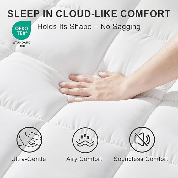 Quilted Mattress Pad Pillow Top Mattress Cover Protector Cooling Soft for Breathable Padded Deep Pocket 8-21 Fitted Supportive(White,King Size)
