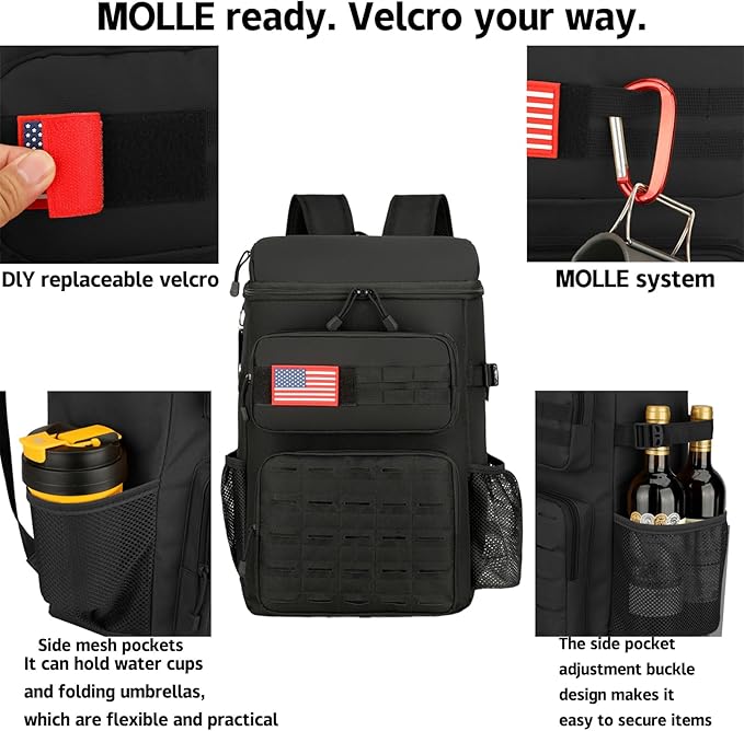 Tactical Backpack Cooler,Tactical Insulated Soft Cooler Bag Large Capacity Leakproof Back Pack,Portable Soft Cooler Bag Waterproof for Beach, Travel, Camping, Picnic, Hiking(Black)