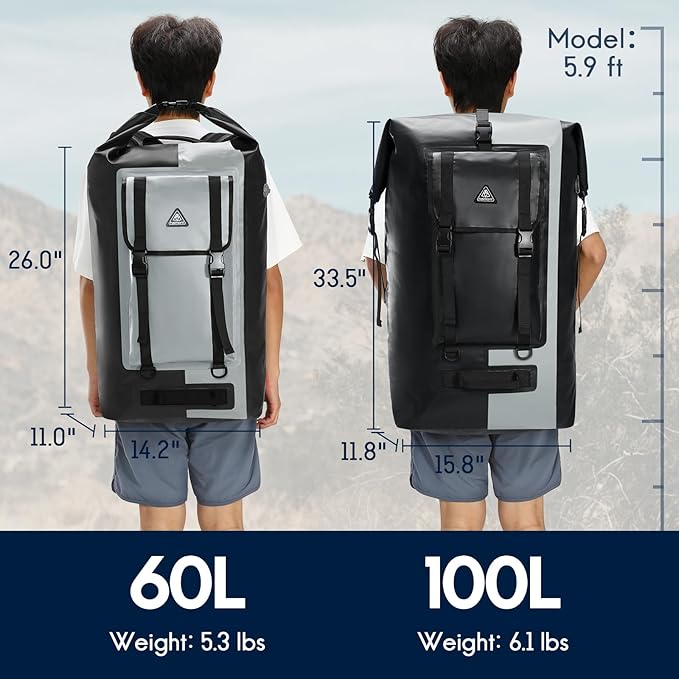 Haimont Waterproof Backpack Roll Top Dry Bag Kayak Dry Backpack IPX7 for Outdoor Dry Pack Boating Fishing 60L, Black/Gray