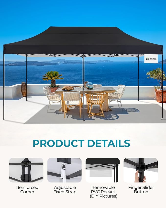 10x20 Pop Up Canopy Tent with Roller Bag, Easy Set Up, Waterproof Commercial Shelter, 6 Stakes & 6Sandbags & 6 Ropes, Silver Coated Top, Black