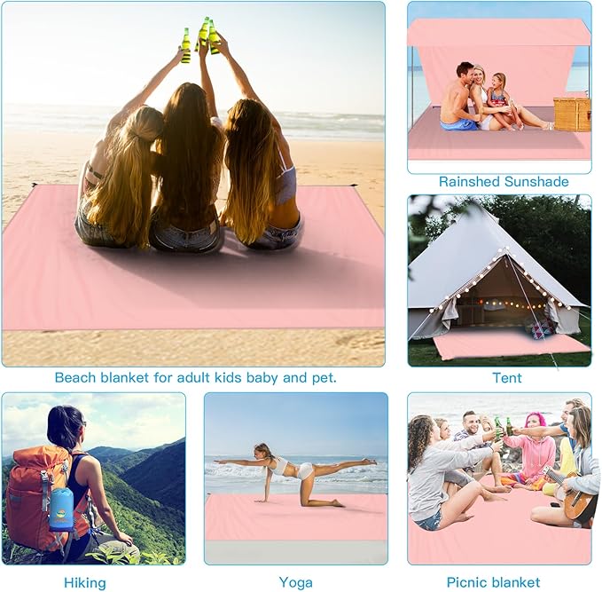 BYDOLL Beach Blanket Waterproof Sandproof Large 78''×81''/10'×9' Sand Free Oversized Sandless Picnic Mat Water Proof Packable Lightweight Blanket for Beach Camping Hiking Travel