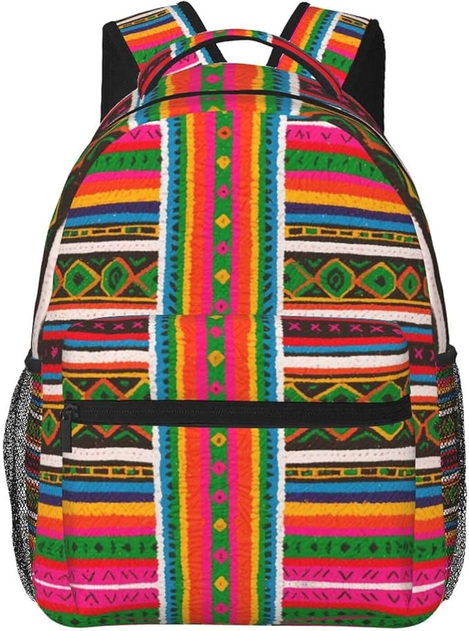 Daypack Anti-Theft Multipurpose Large Capacity Shoulder Bag, Colorful Mexican Blanket Stripes Art Travel Hiking Camping Rucksack With Smooth Zippers