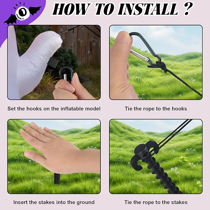 12 Sets Inflatable Stakes Replacement Set, 12 PCS 7.7" Inflatable Plastic Stakes with Tethers Ropes and Alloy Hooks, Heavy Duty Tent Stakes for Garden Yard Ground Halloween Christmas Outdoor Decor
