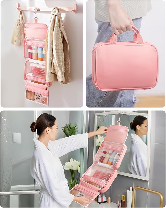 Toiletry Bag for Women & Men, Portable Hanging Makeup Bag/Cosmetic Bag with Compartments, Compact Travel Toiletry Bag Organizers (Pink)