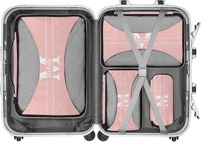 Custom Packing Cubes with Name, 4Pcs/Set Travel Luggage Packing Organizers Set for Women, Pale Pink Background with Initial Letter
