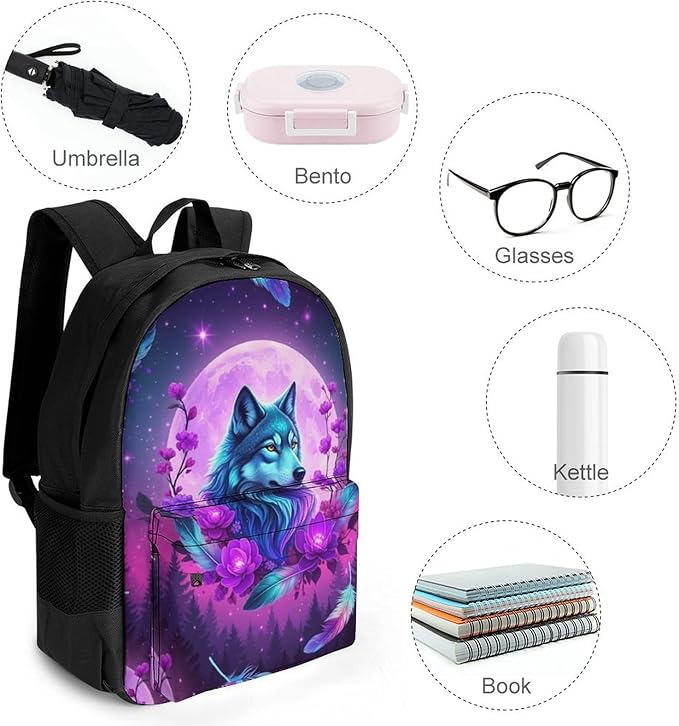 Men Women Polyester Full Moon Flower Wolf Purple Daypack Big Capacity Shoulder Bag With Smooth Zippers for Hiking Work Walking Cycling