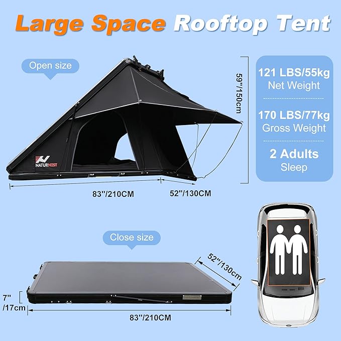 Naturnest Rooftop Tent Hard Shell, Easy Set Up Pop Up Tent for 2 Person Camping, Waterproof UV-Resistant Blackout Privacy 4 Season Tents for Truck, Jeep, SUV, Van, Trailer - Polaris Plus