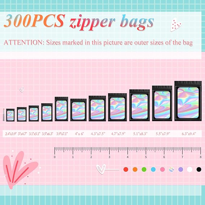 Funfery 300 Pack Smell Proof Resealable Bags for Food Storage,Holographic Bags 3.1x5.1 Black Mylar Clear Packaging Bag- Scent Proof for Cookies, Zip Foil Pouch for Small Business