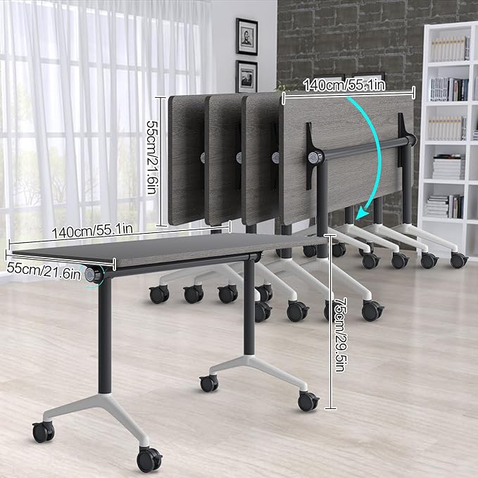 2Packs 55.1 Inch Folding Conference Table Space-Saving 4.59 Ft Training Classroom Table,Heavy-Duty Meeting Table for Office Events,Easy Storage Design, Rectangular Table with Durable Legs Gray