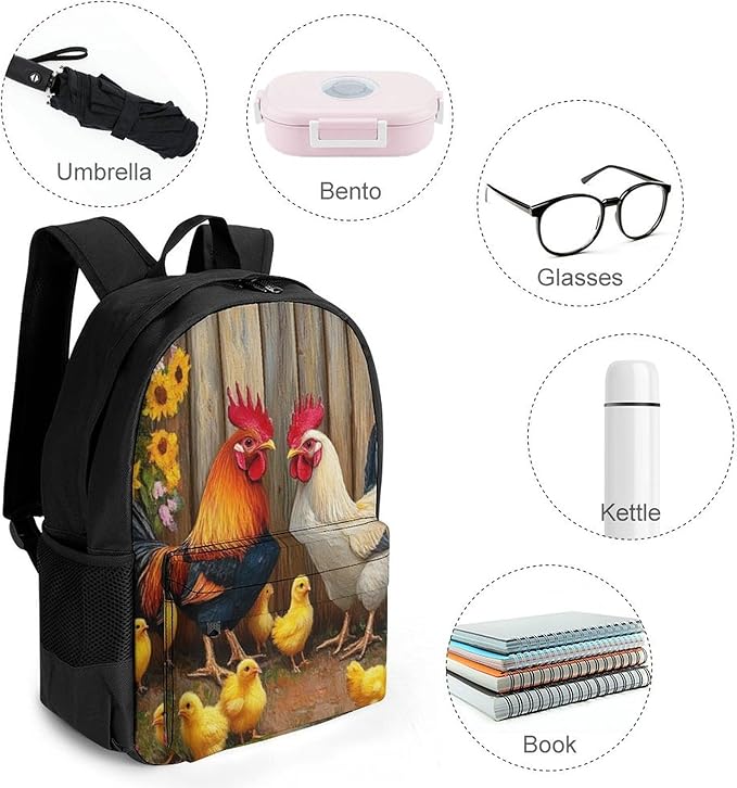 Supdreamc Men Women Polyester Garden Flowers Chicken Rooster Sunflowers Painting Casual Daypack Large Capacity Carry On Bag With Adjustable Shoulder Straps for Camping Work Running