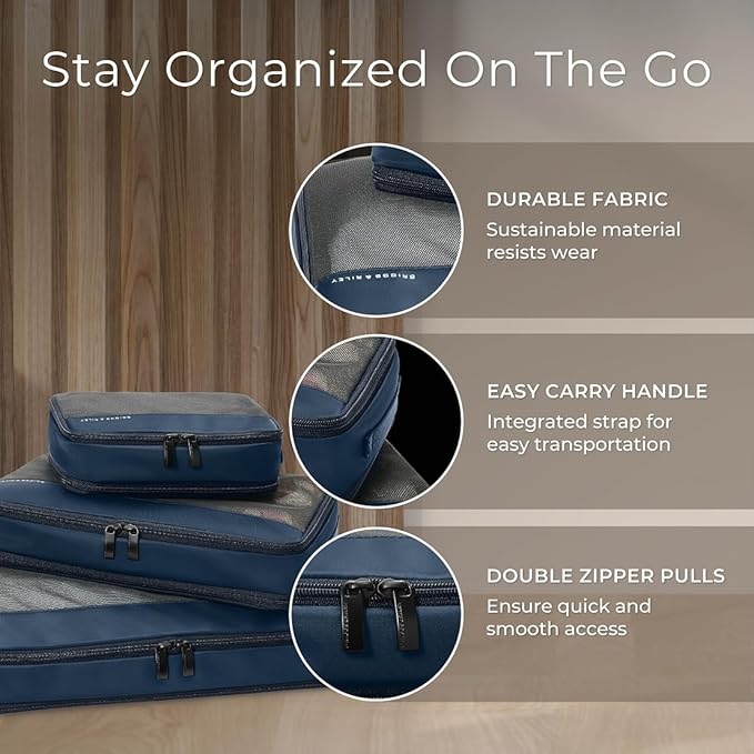 Briggs & Riley Compression Packing Cube Set - Bag Organizer for Check In Suitcase & Luggage, For Women & Men, Pack Accessories for Vacation - Travel Must Haves, 3-Piece, Navy