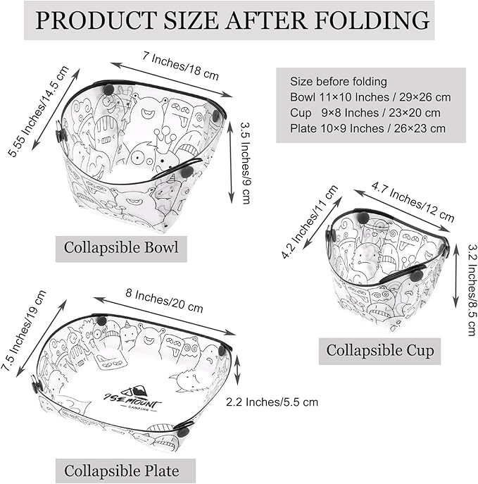 MIUPOO Collapsible Bowl Plate Cup Set,Portable Mess Kit,Food Grade Material Free Folding Plate for Lunch Family Picnic,Set of 3, 3 Sizes
