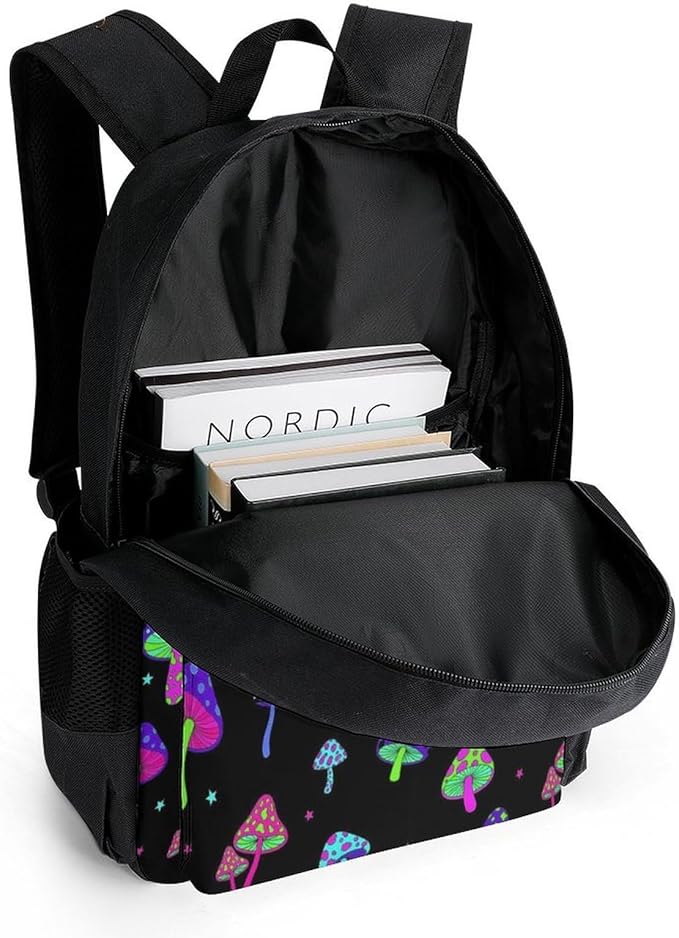 Men Women Lightweight Rainbow Colorful Neon Mushrooms Casual Daypack Big Capacity Bookbag With Padded Straps for Gym Travel Walking Cycling