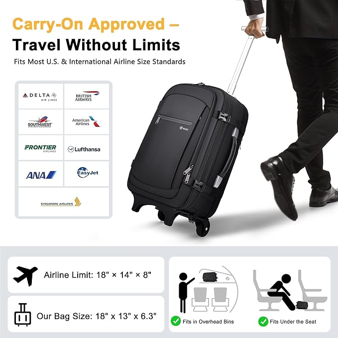 POSO Vacuum Backpack Travel with Pump - 60L Expandable Air Compression System, Vacuum Seal Easyvacpack w/Detachable Wheels, Water Resistant Carry-On Luggage for Traveler Graduate, TSA Lock - Black
