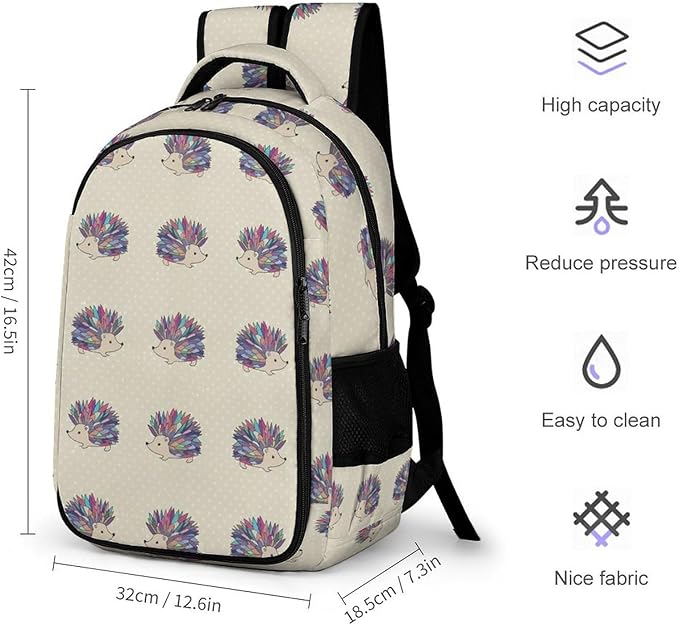 Cute College Laptop Backpack Hedgehog Polka Dot, Sturdy Travel Business Bag with Tumbler Holder Gifts for Nurse Teacher Women