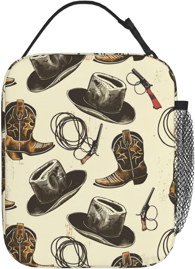 Reusable Western Lunch Box for Kids Girls Boys Women Adult, Insulated Cowboy Hat Boot Lunch Bag,Polyester Cooler Lasso Handbags Case for School Picnic Work Travel Beach or Hiking (Vintage)