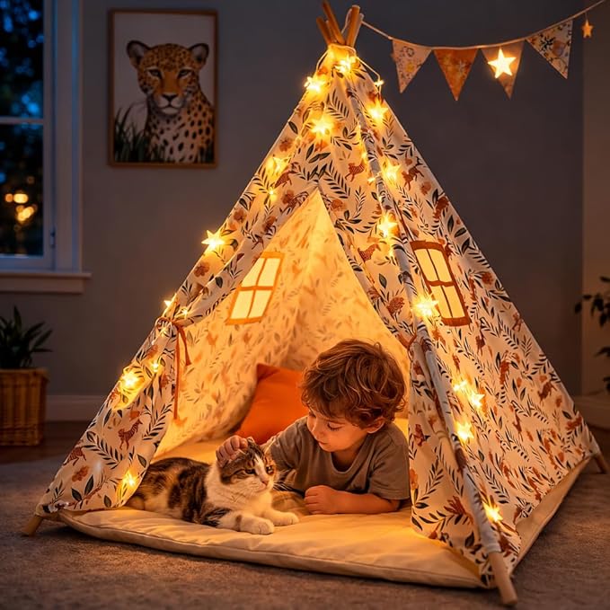 Bedroom Teepee Tent for Boys and Pets– Leopard Safari Indoor Play Tent for Ages 3–8 with Star Lights & Padded Mat, Leopard Canvas Teepee with 2 Windows, Skin-Friendly Washable, Easy Setup Cat House