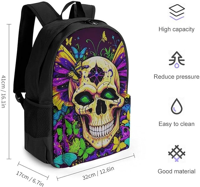 Rucksack Anti-Theft Multipurpose Large Capacity Carry On Bag, Skull And Butterflies Travel Hiking Bag Day Pack With Side Pockets