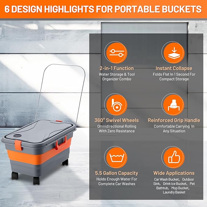 This Hill Collapsible Bucket 5.5 Gallon for Car Washing, Car Wash Bucket with Wheels, Handle, Drain Plug and Water Outlet, Foldable for Mop Cleaning, Camping, RV, Pet Bathing and Laundry