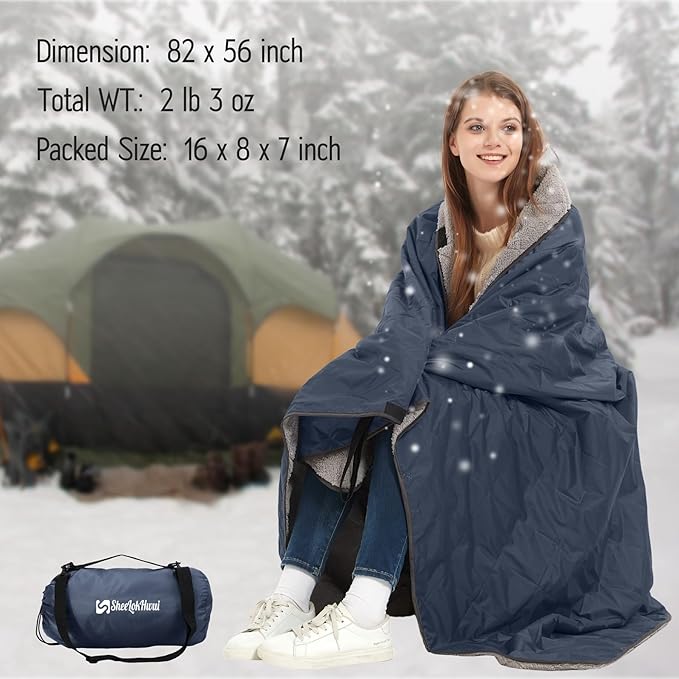 Outdoor/Indoor Sherpa Blanket, Oversized Waterproof Stadium Blanket for Cold Weather. Warm, Soft, Portable, Great for Stadium, Sports Events, Camping, Indoor - 82x56in., Royal Blue