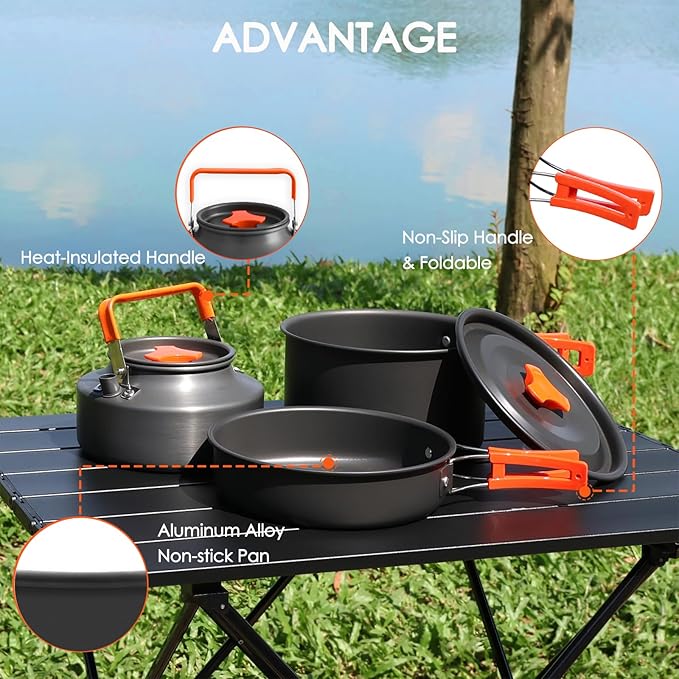Camping Cookware Mess Kit, Non-Stick Lightweight Camping Pots and Pans with Kettle, Stainless Steel Cups Plates Forks Knives Spoons for Backpacking, Hiking, Outdoor Cooking