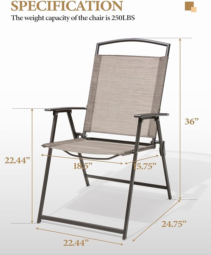 Crestlive Products Patio Folding Chairs Set of 2, Outdoor Folding Chairs with Durable Rust-Resistant Frame and Breathable Textilene Material for Outside, Beige