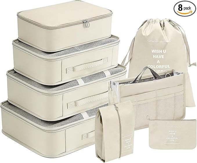 Packing Organizers for Travel, 8-Piece Luggage Packing Cubes Set with Multiple Sizes, Compressible Travel Packing Cubes for Business Trip, Family Vacation, Camping (Beige)