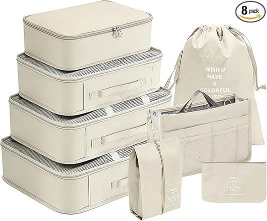 Packing Organizers for Travel, 8-Piece Luggage Packing Cubes Set with Multiple Sizes, Compressible Travel Packing Cubes for Business Trip, Family Vacation, Camping (Beige)