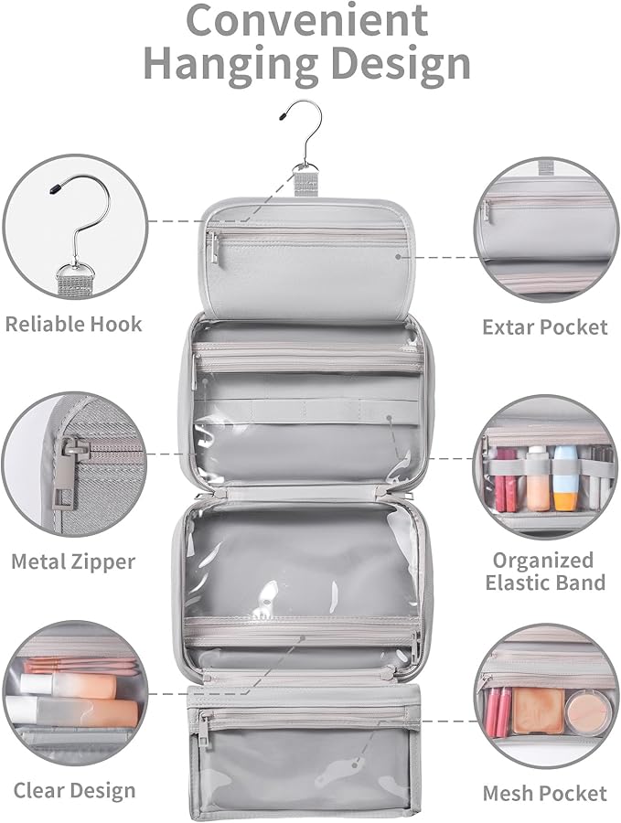 Toiletry Bag for Women & Men, Portable Hanging Makeup Bag/Cosmetic Bag with Compartments, Compact Travel Toiletry Bag Organizers (Grey)