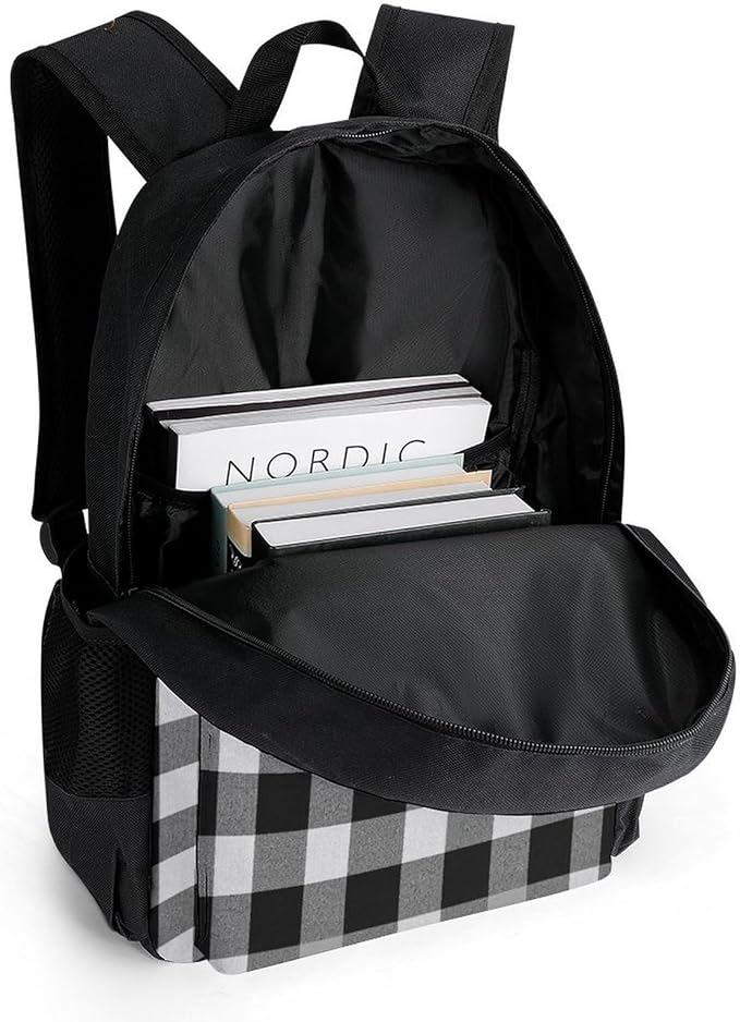 Adults Lightweight Plaid Farmhouse Black Gray Checkered Buffalo Plaid Modern Rustic Rucksacks Large Capacity Bookbag With Adjustable Shoulder Straps for Trekking Outdoors Bicycle
