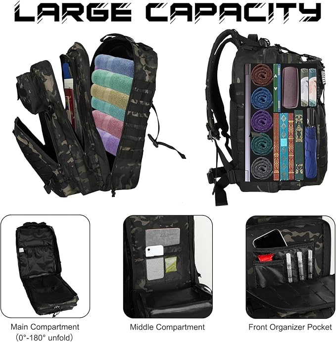 WOLT Military Tactical Backpack for Men 45L Molle Backpack 3 Day Assault Pack Bug Out Bag, Heavy Duty Rucksack for Hiking Gym, Camouflage Black