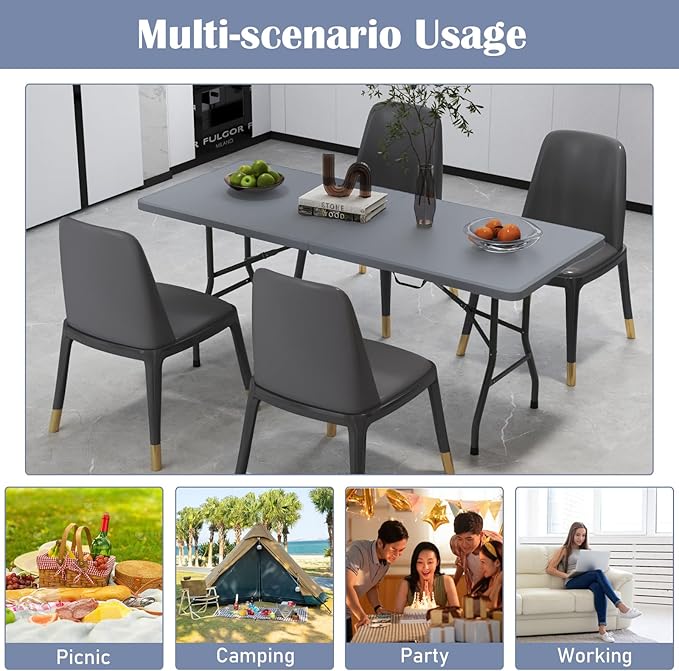 Tangkula 6 FT Folding Table, Indoor Outdoor Foldable Plastic Table with HDPE Tabletop, Sturdy Metal Fame, Carrying Handle, Heavy Duty Portable Fold-in-Half Picnic Table for Camping BBQ Party