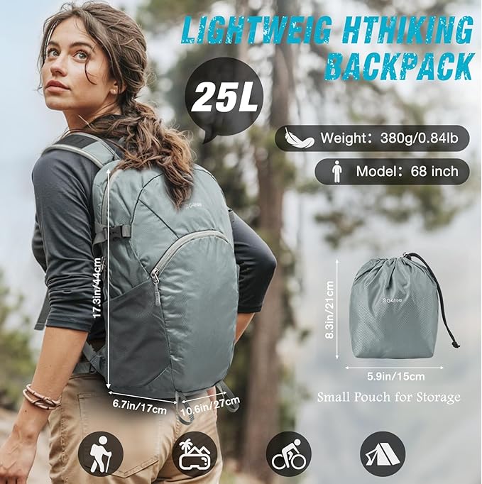 G4Free Hiking Backpack with Thickened Back Panel Packable 25L Lightweight Foldable Travel Daypack for Men Women(Grey)