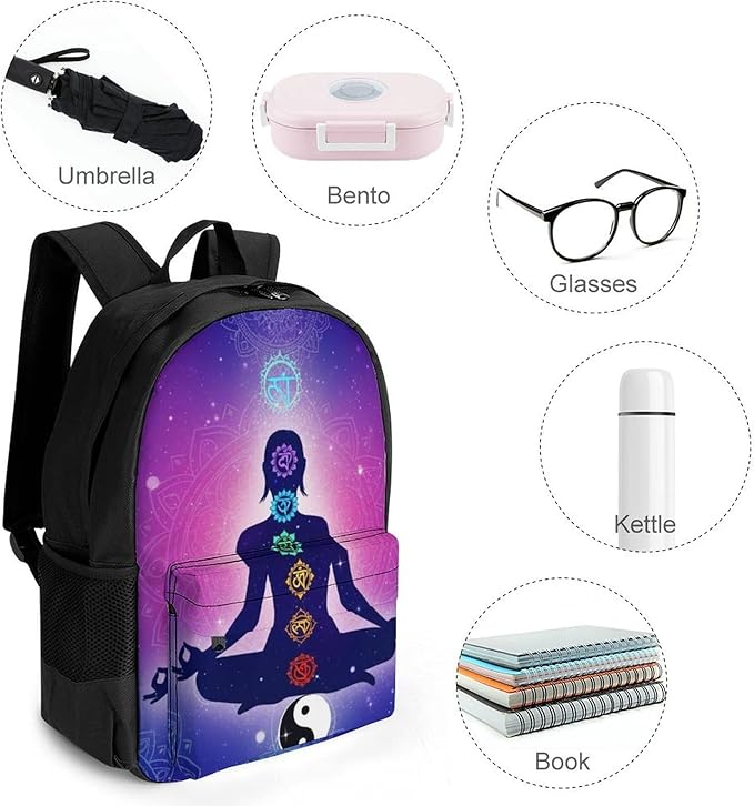 Men Women Polyester Chakra Yoga Meditation Lotus Blue Mandala Daypack Big Capacity Shoulder Bag With Smooth Zippers for Hiking Work Walking Cycling