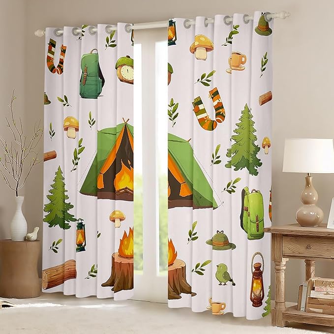 Feelyou Adventure Camping Nature Curtains for Bedroom Living Room Camping Theme Blackout Shades Camper Room Darkening Curtain Window Treatments, 2 Panels 52 x 84 Inch Decor