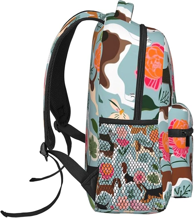 Polyester Daypack Backpack for Sports Travel Running, Big Capacity Anti-Theft Multipurpose Carry On Bag, Sweet Basset Hound Dog And Vintage Florals Laptop Book Bag Rucksack