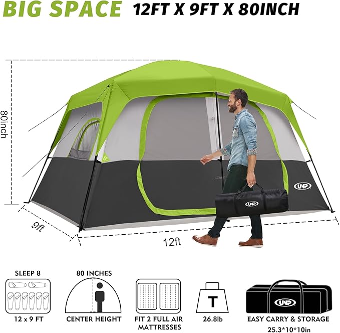 UNP 2/4/6/8 Person Tent, Portable Cabin Tent, Camping Tent 4-Person Easy Set Up, Waterproof with Top Rainfly for Outdoor Camping/Hiking