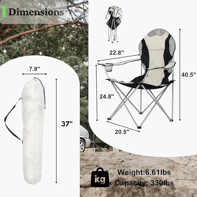 Portable Camping Chair with Back Support, Folding Outdoor Padded Lawn Chair with Cup Holder Storage for Hiking, Lawn, Concert, Fishing, Iron Frame, 600D Fabric
