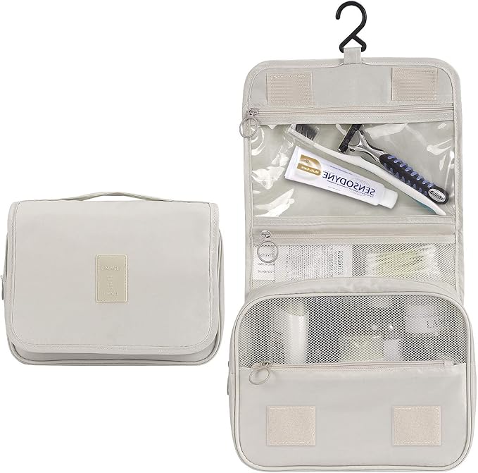 Trawila Travel Hanging Toiletry Bag Cosmetic Bag Makeup Organizers for Men & Women with Sturdy Hook (Beige)
