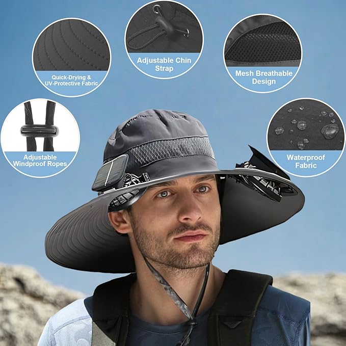 Outdoor Wide Brim Sun Hat with 2 Solar Powered Fan, Bucket Hat for Men Women, Fishing, Gardening & Beach Hat for Men