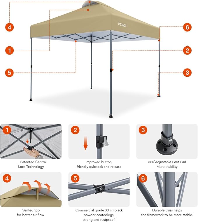 Amada 10x10 Pop Up Canopy - Center Lock One Push Instant Setup Gazebo Outdoor Canopy Beach Tent with STO-N-Go Bag 8 Stakes & 4 Sand Bags, 3-Height Adjustable Shade Shelter (10x10ft, Khaki)
