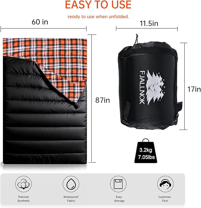 Double Sleeping Bag Cotton Flannel for Camping, Backpacking Or Hiking. Waterproof Queen Size Two Person Sleeping Bags for Adults Or Teens. Lightweight with Compression Sack