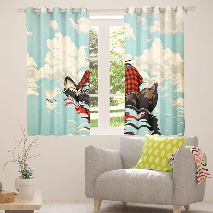 Manfei Go Boating Kids Blackout Curtains,Rowing Boat Lake Adventure Window Drapes,Row Paddle Cloud Natural Nursery Bedroom Playroom Decor,Teal 2 Panels,38Wx54L inch