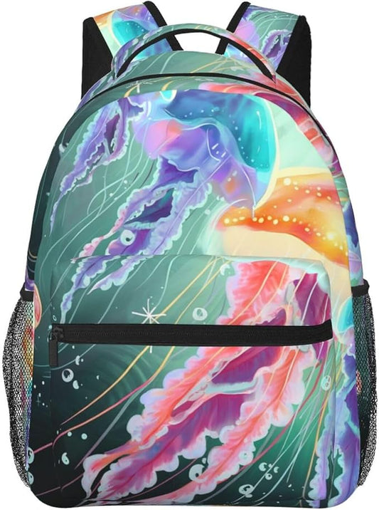 Polyester Daypack Backpack for Trekking Picnic Walking Cycling, Large Capacity Anti-Theft Multipurpose Shoulder Bag, Cartoon Under Sea Ocean Jellyfish Casual Daypack