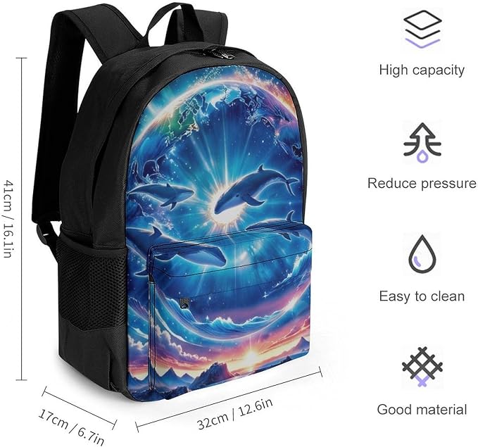 Daypack Backpack Multipurpose Anti-Theft Large Capacity Bookbag, Galaxy Dolphin Star Space Travel Hiking Camping Rucksack With Adjustable Shoulder Straps