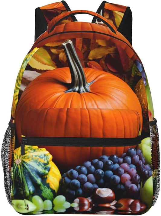Shoulder Book Bags Anti-Theft Multipurpose Big Capacity Bookbag, Thanks Giving Pumpkin Corn Fruit Art Travel Hiking Backpack With Smooth Zippers